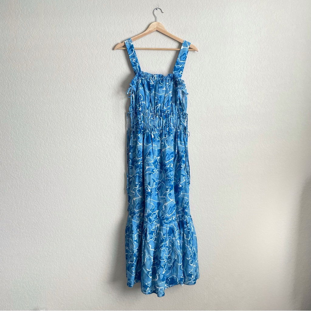 Jaaf Dress Medium Tie-Detailed Midi In Pool Water Blue Print Sundress Nwt New